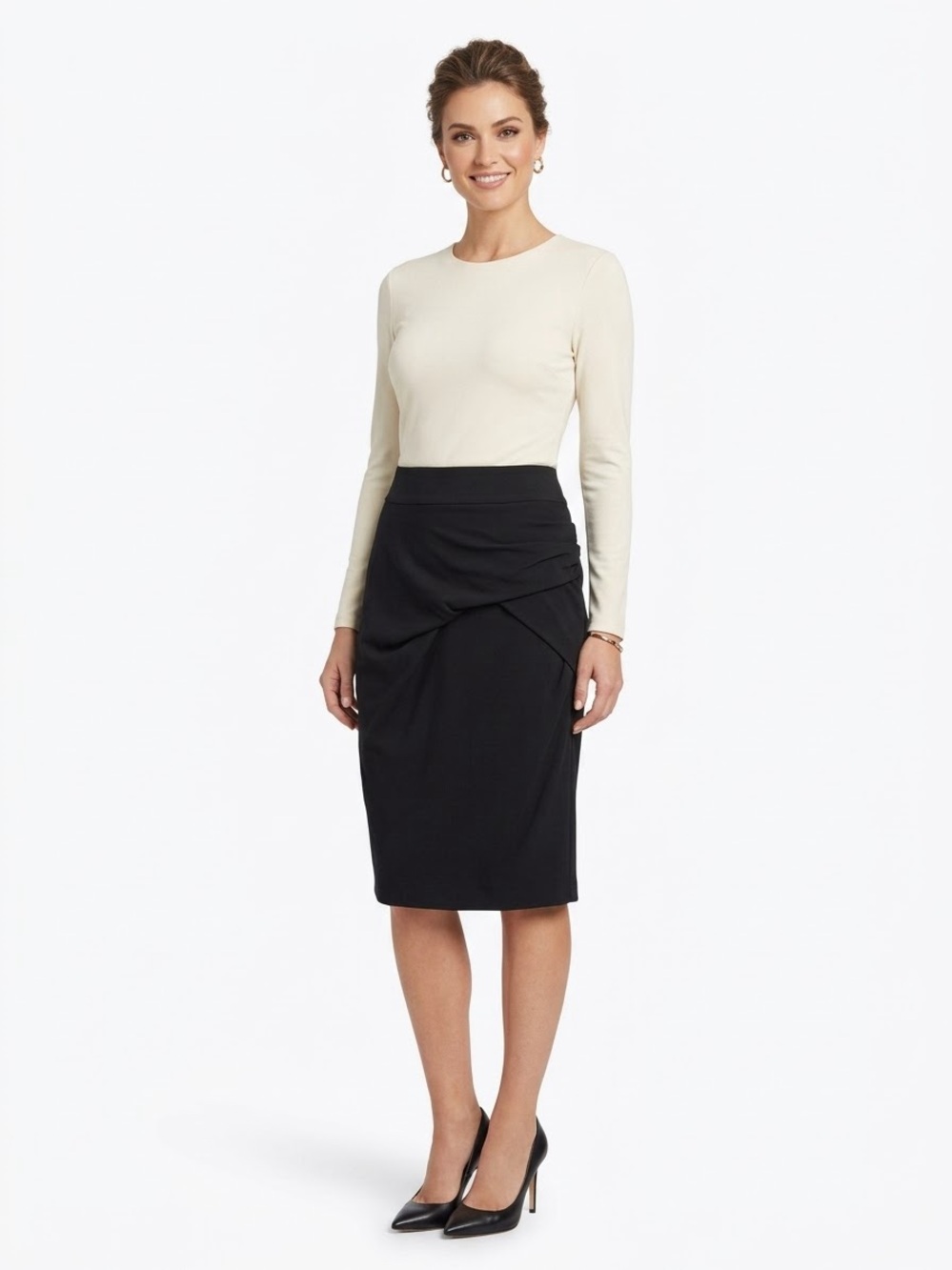 Ronen Chen Black Draped Pencil Midi Skirt Size 1 US 6 Made in Israel
